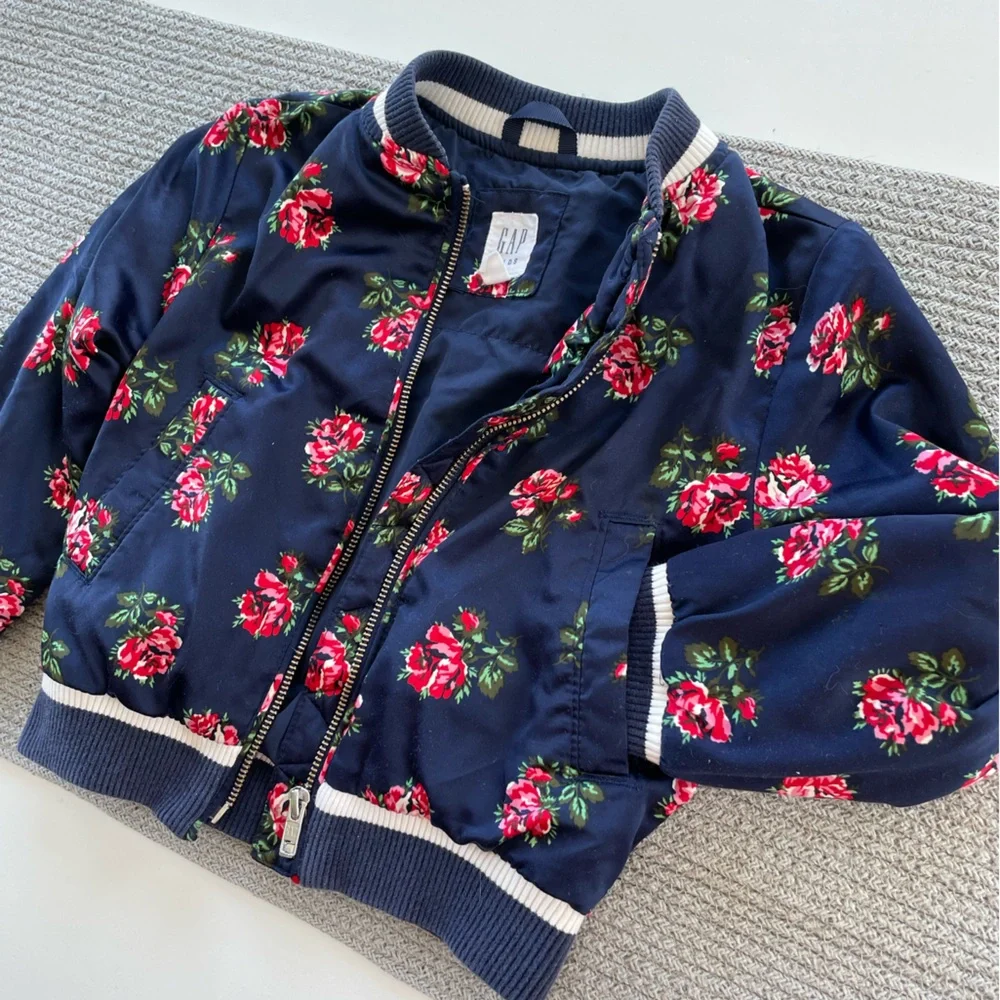 GAP Kids Navy Blue Rose Floral Silky Bomber Jacket Size XS (4-5)